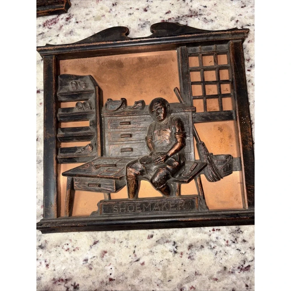 Vintage Coppercraft Guild 3D Wall Plaque Shoemaker At Work 9.5 x 9.5 1970 Era